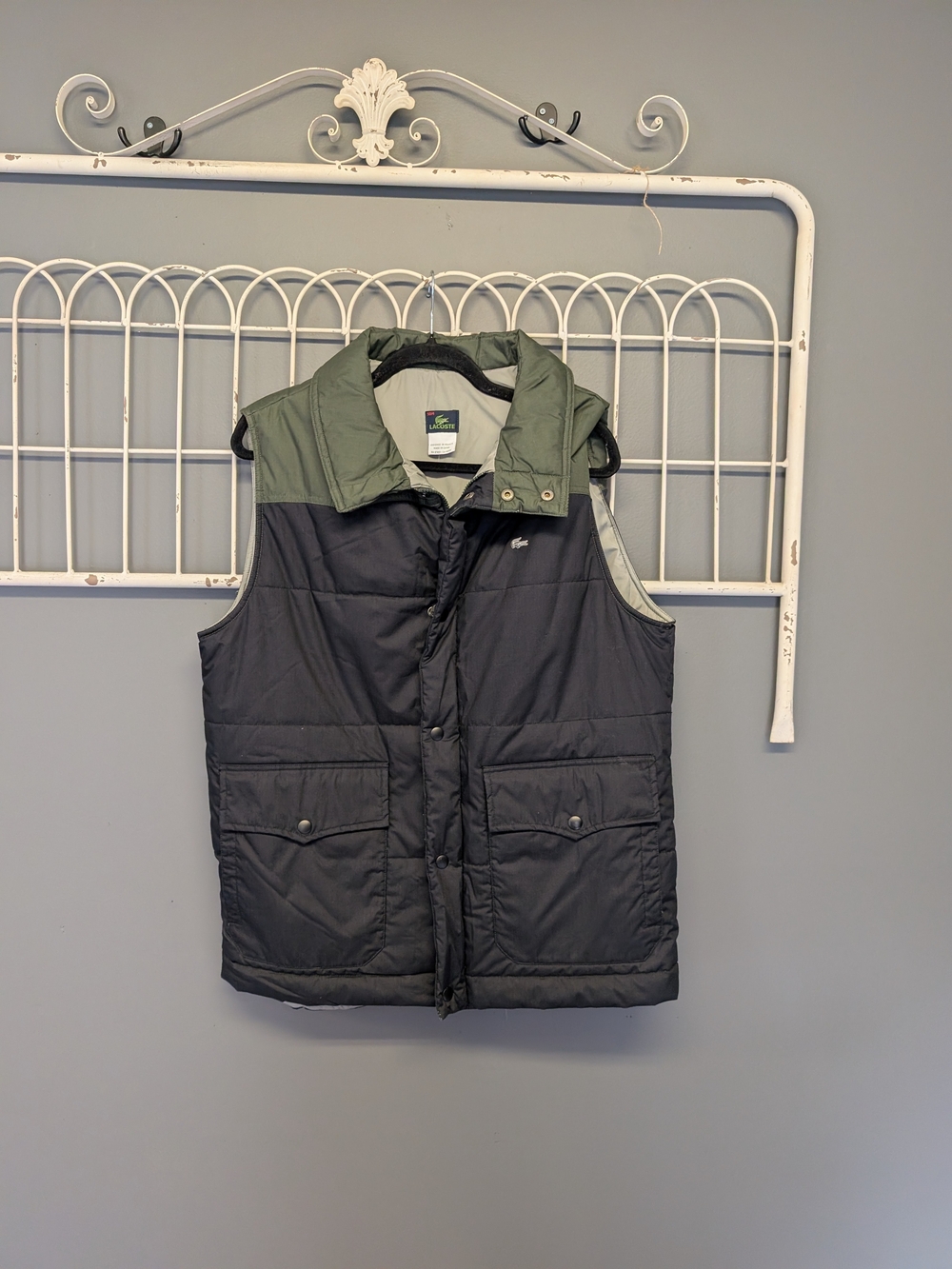 Size M Lacoste Men's Black and Olive Green Puffer Vest